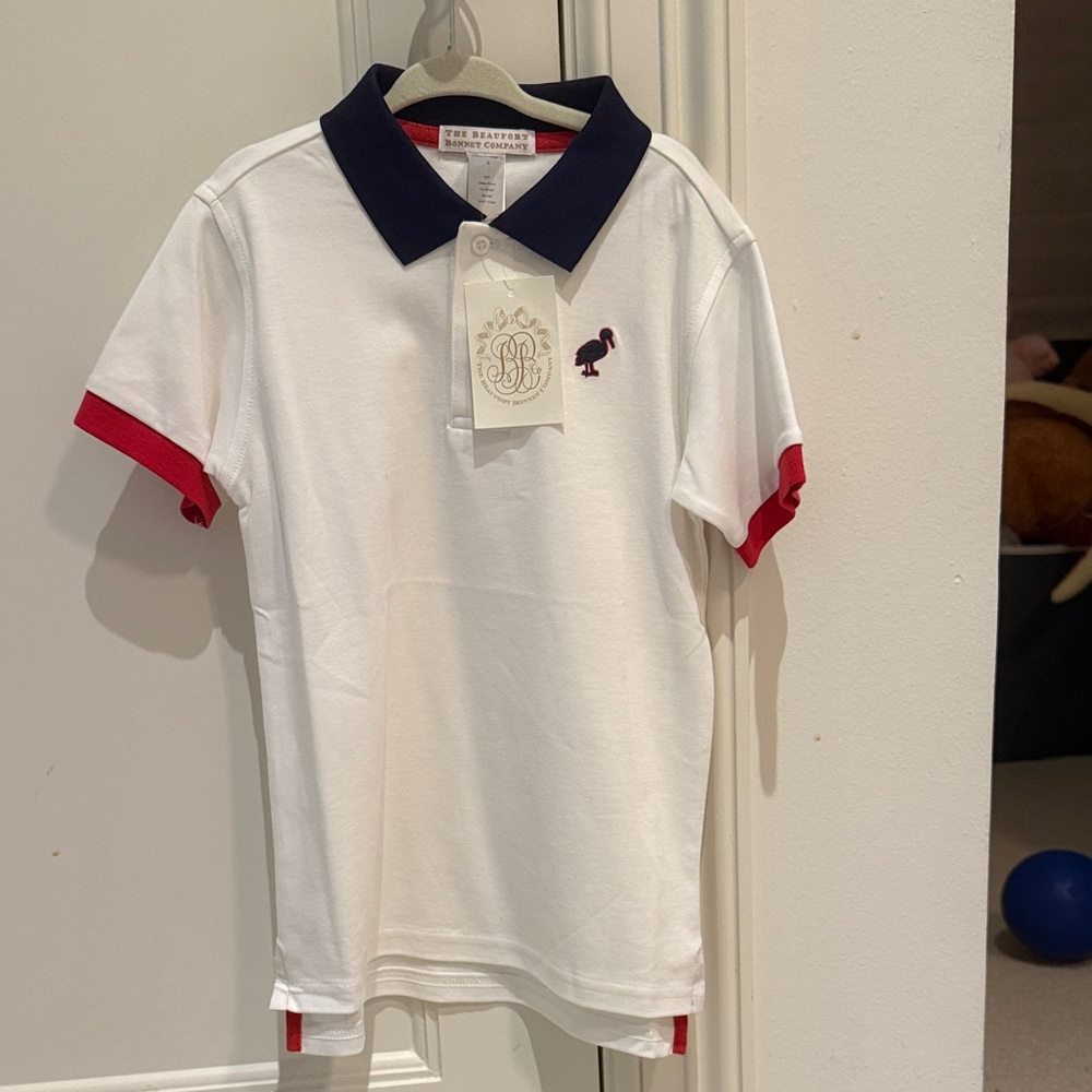 The Beaufort Bonnet Company White Polo with Navy Collar and Red Trim